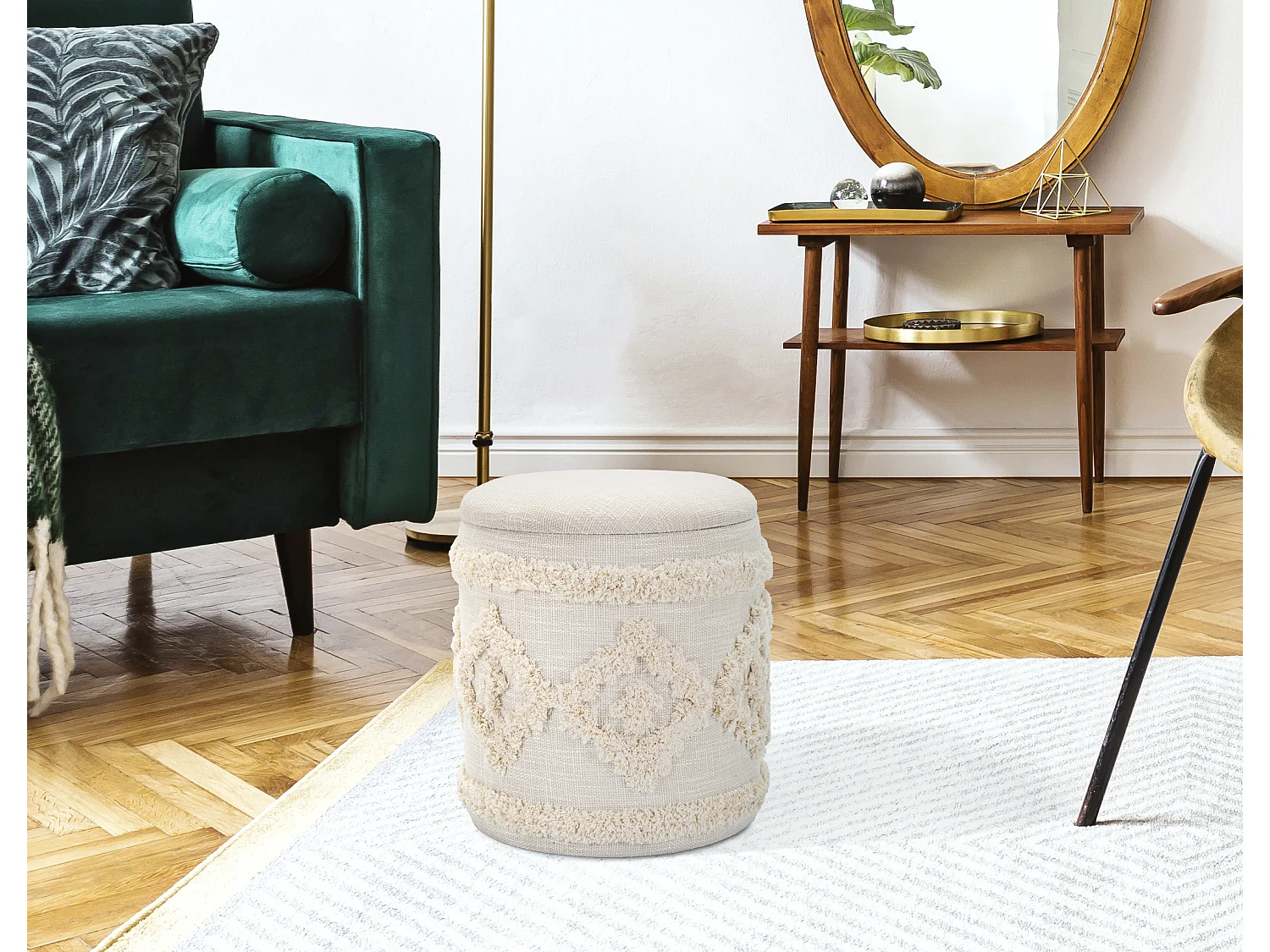 Pouf de rangement rond en tissu beige Ø 35x40 cm