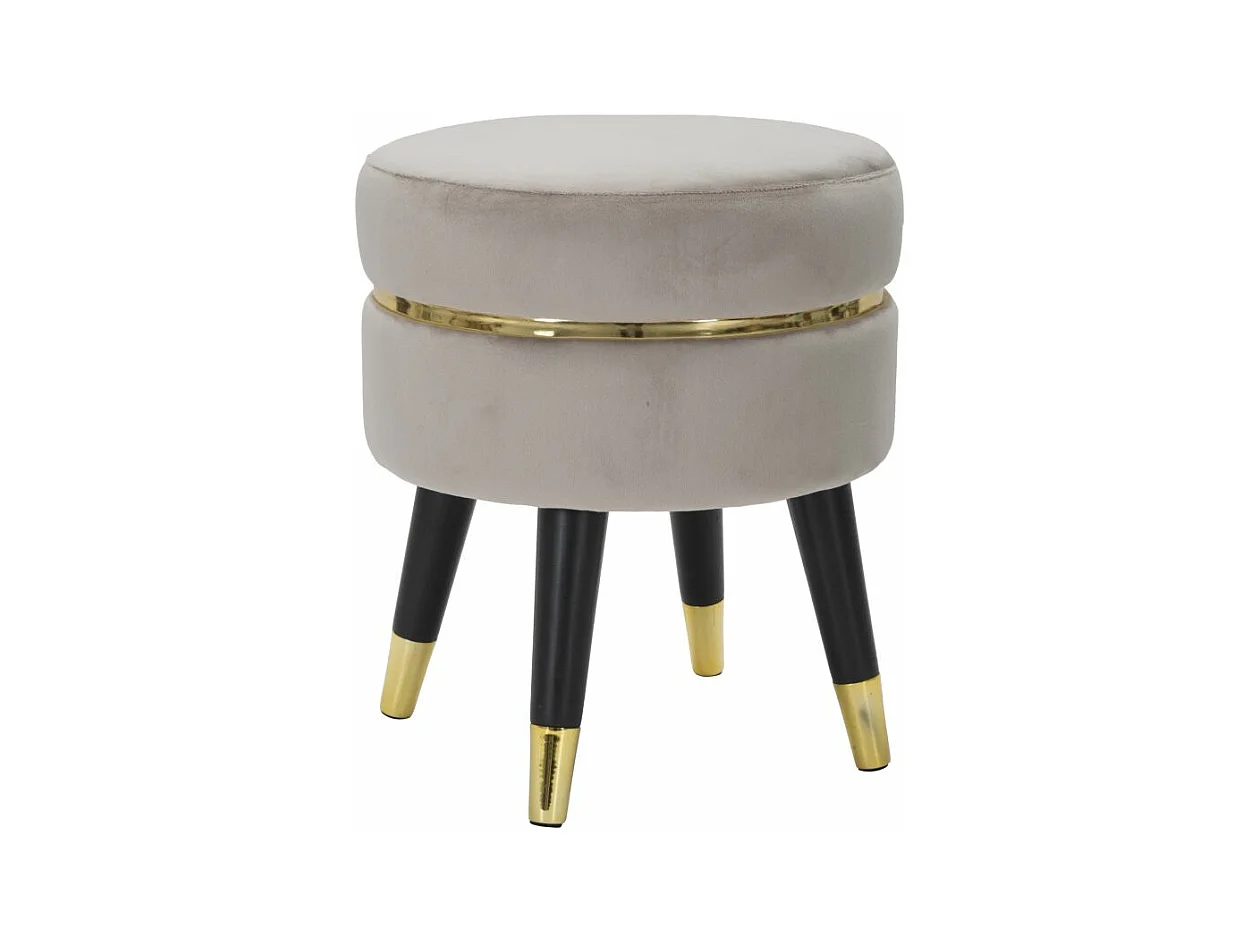 Tabouret Paris - Velours gris et bois - Ø 35x40,5 cm - Finitions dorées - Design divas d'Hollywood - Idéal pour chambre ou salon.