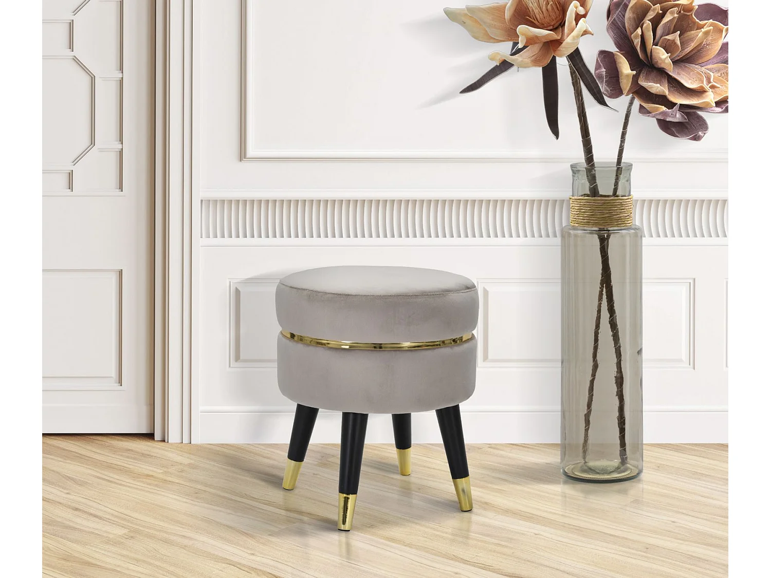 Tabouret Design "Paris" 40cm Gris & Or