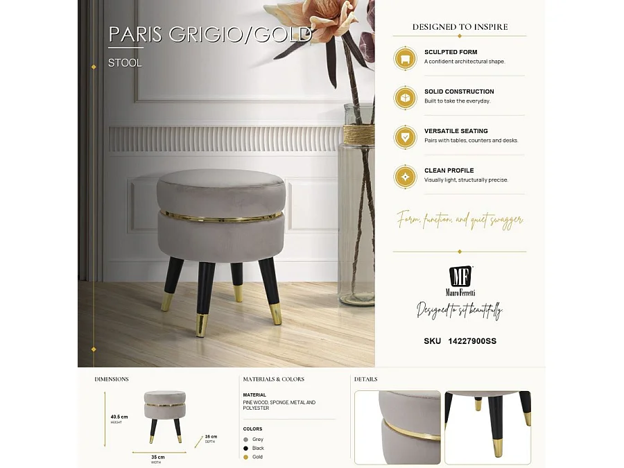 Gepolsterter Samthocker mit Holzbeinen Paris Gold