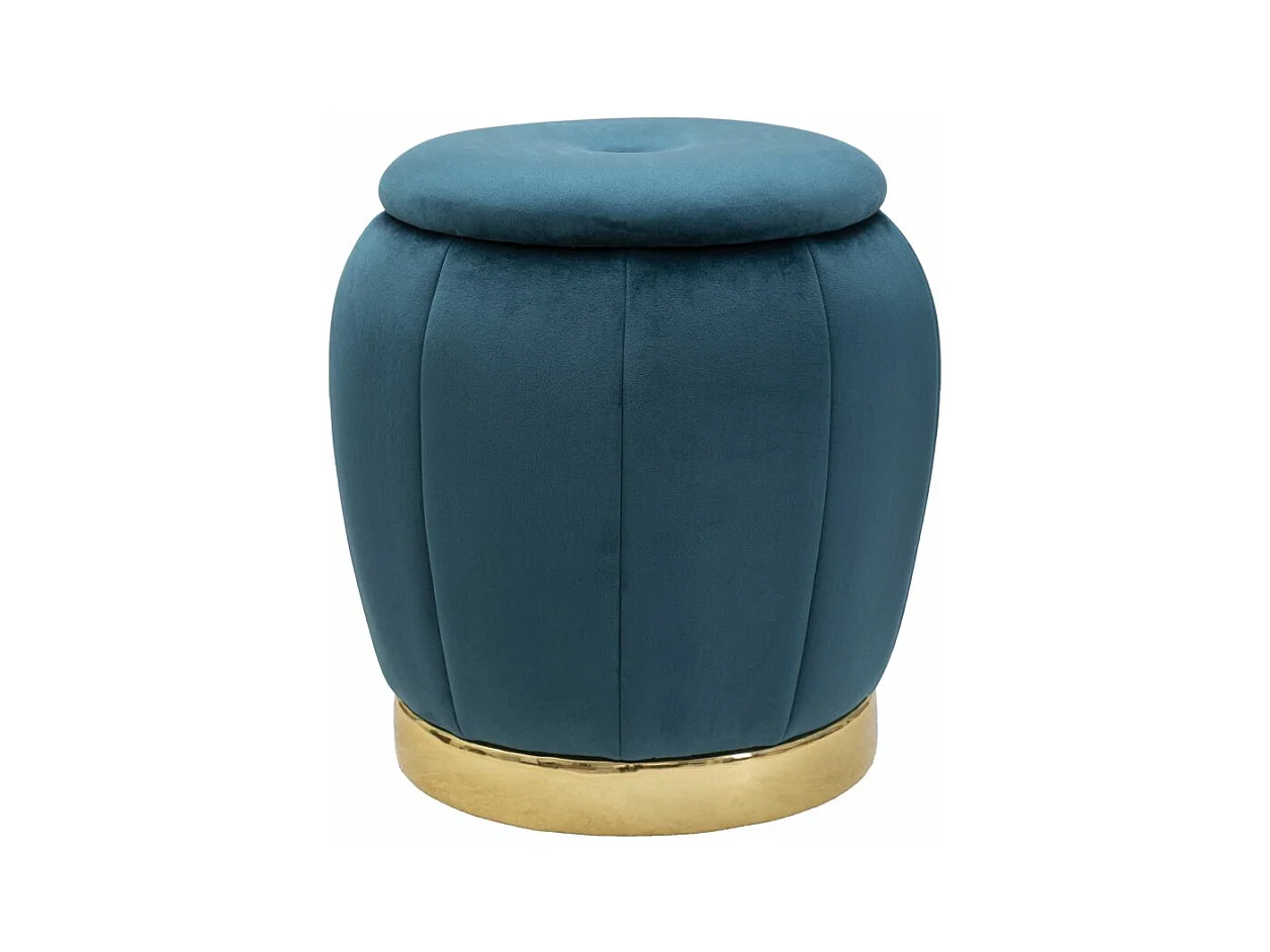 Pouf de rangement Paris - Velours bleu canard et bois - Ø 43x43 cm - Finitions dorées - Design divas d'Hollywood - Idéal pour chambre ou salon.