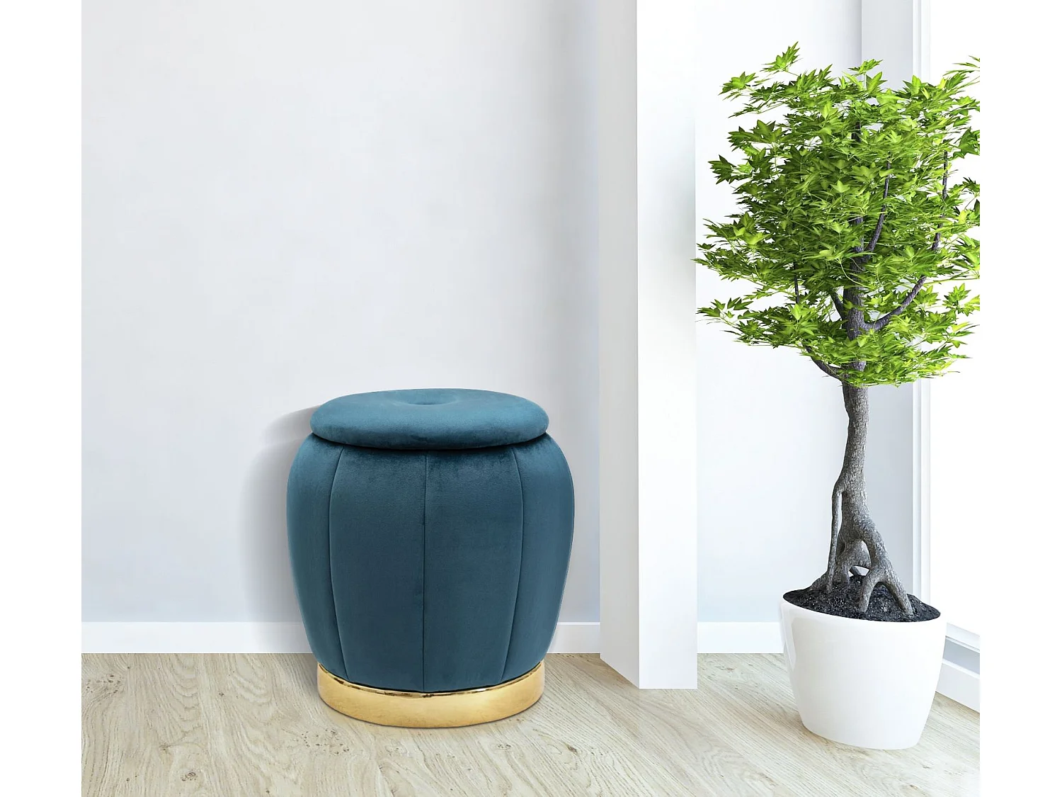 Puf contenedor redondo de terciopelo con base metálica 43cm Paris - Azul Marino