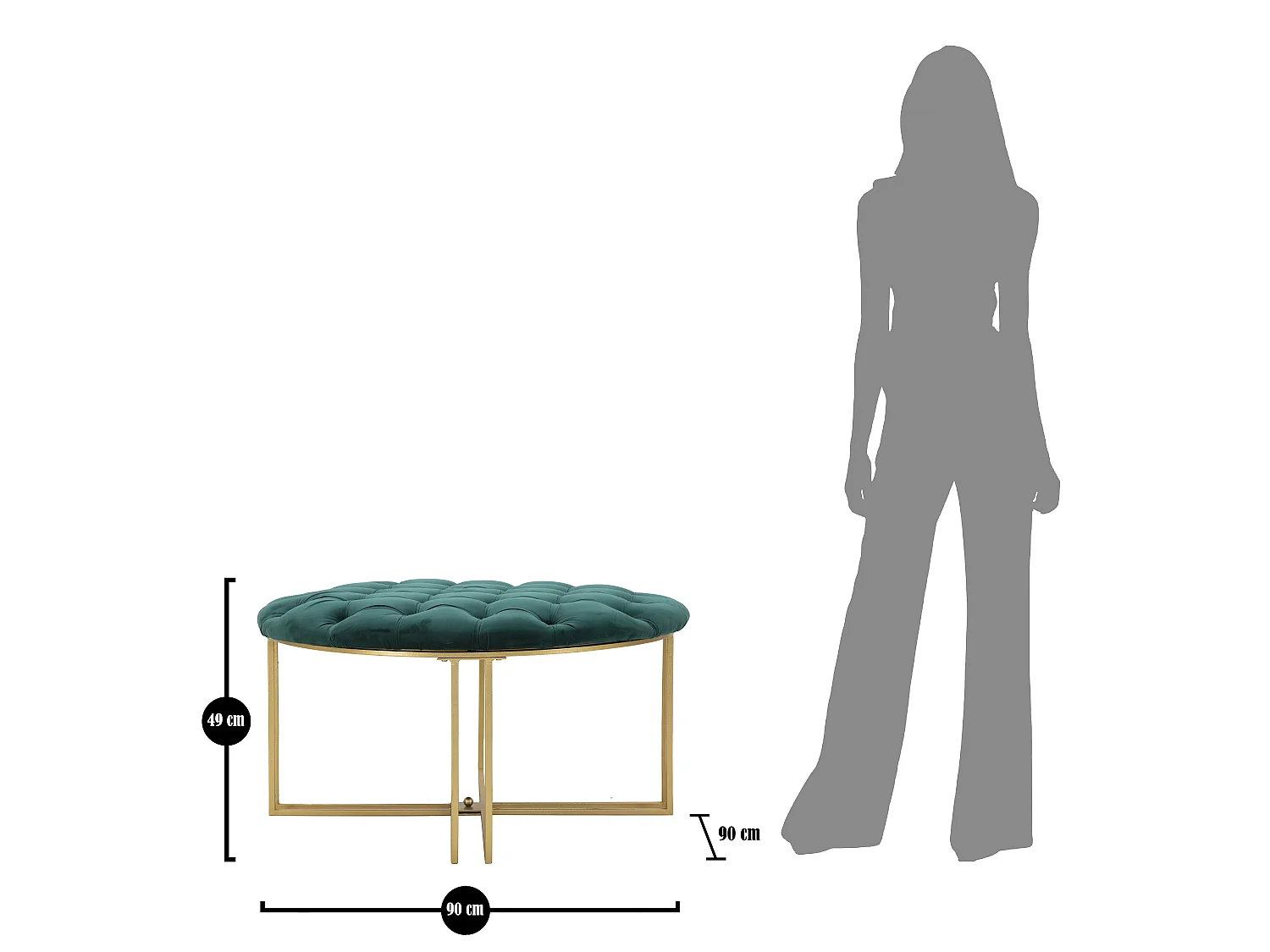 Poef in metaal en goud en groene stof Ø 90x49 cm