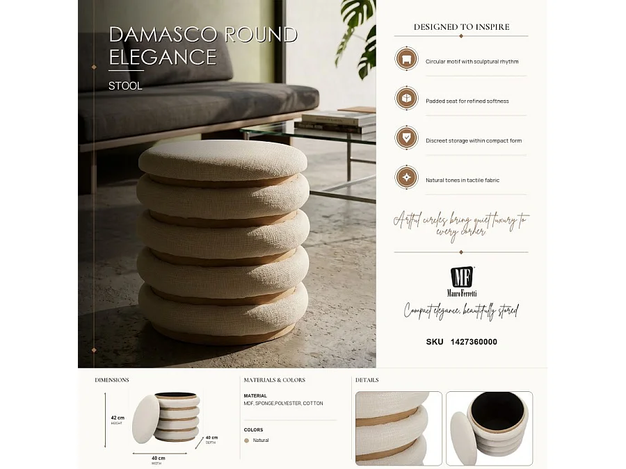 Pouf Avec Rangement "Damasco" 42cm Beige