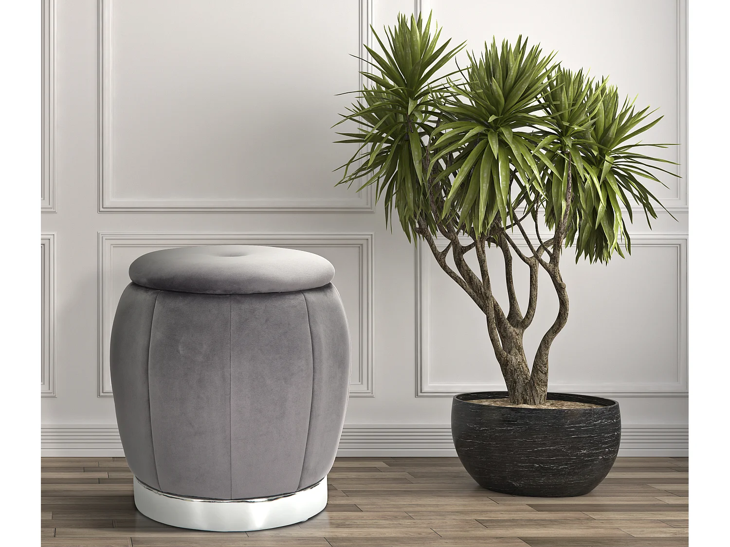 Pouf Coffre Rangement "Paris" Gris Foncé & Argent