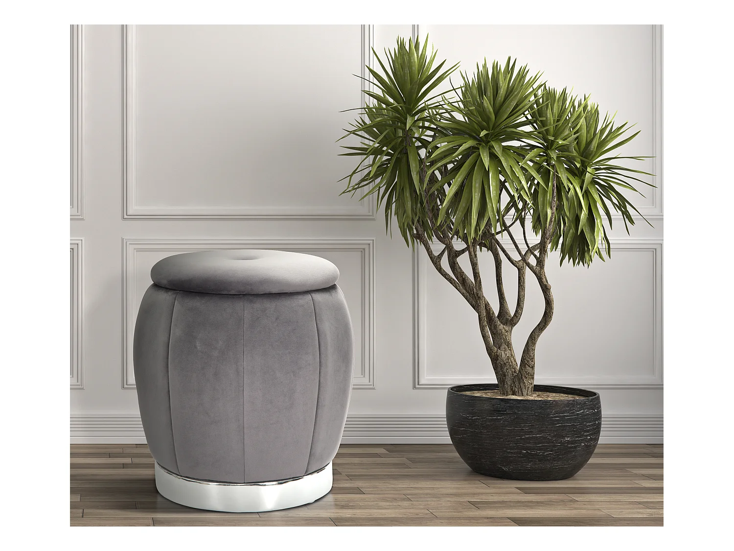 Pouf con contenitore in tessuto grigio Ø cm 43x43