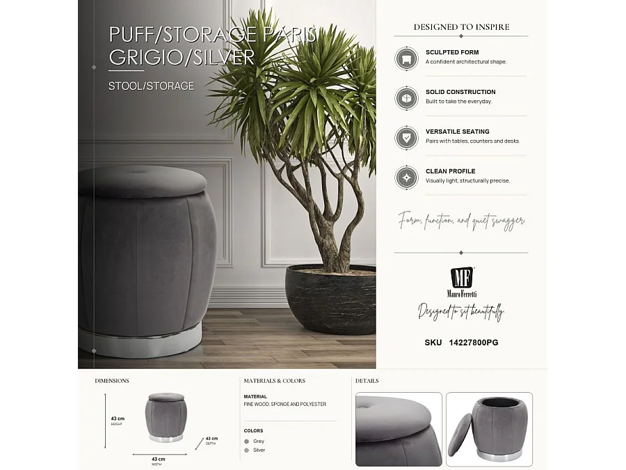 Puf contenedor redondo de terciopelo con base metálica 43cm Paris - Gris