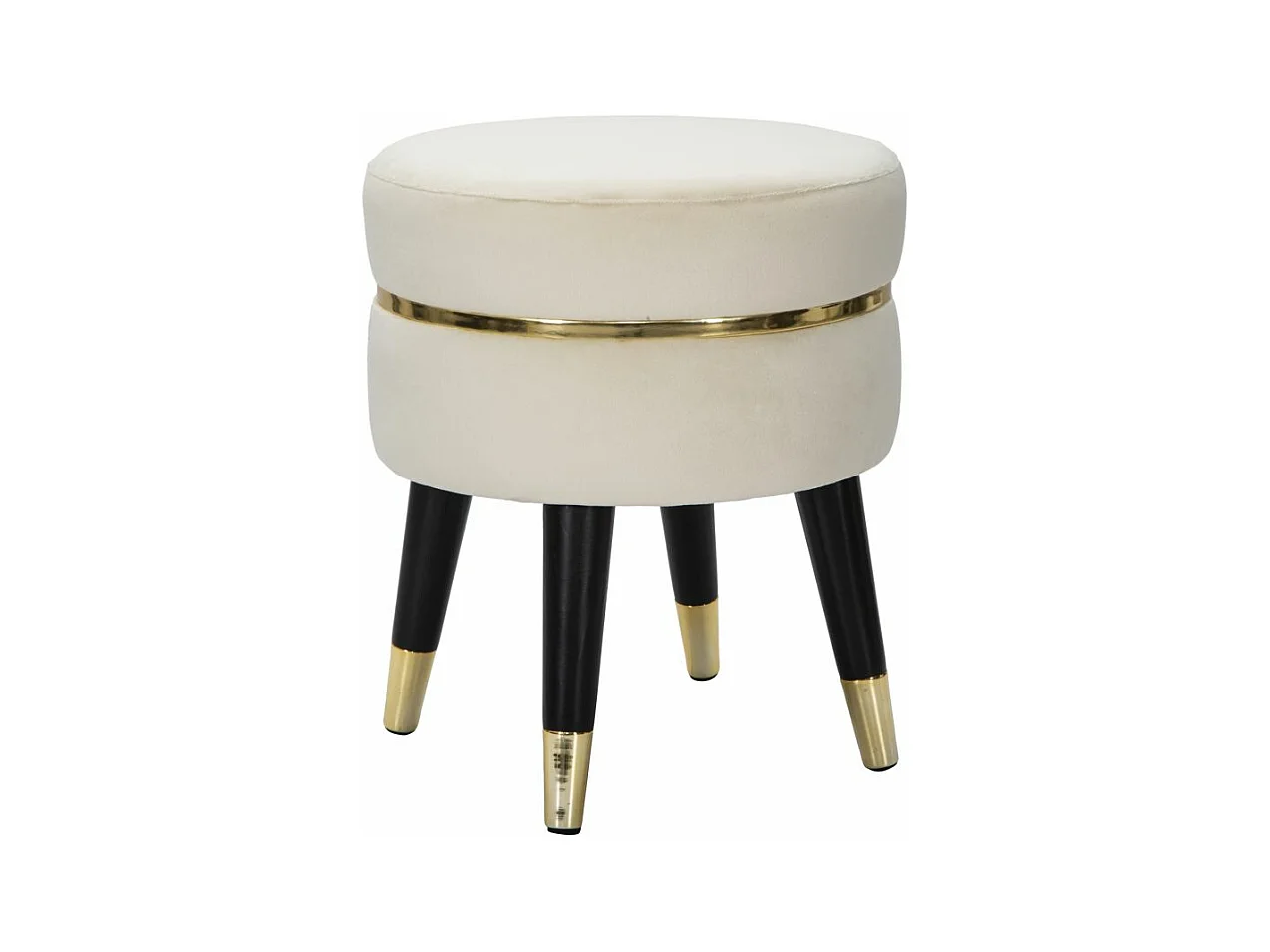 Tabouret Paris - Velours crème et bois - Ø 35x40,5 cm - Finitions dorées - Design divas d'Hollywood - Idéal pour chambre ou salon.