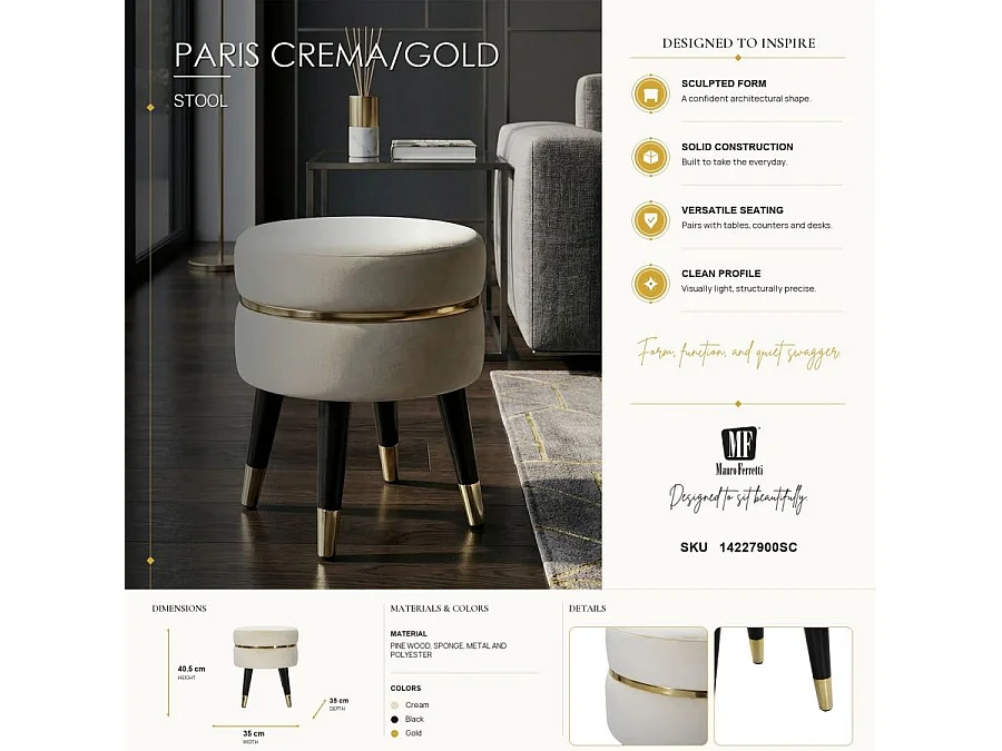 Tabouret Design "Paris" 40cm Crème & Or