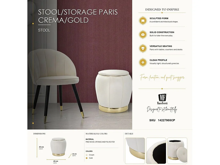 Puf contenedor redondo de terciopelo con base metálica 43cm Paris - Crema