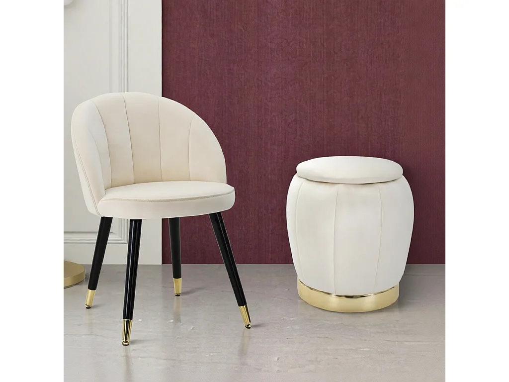 Taboret - kremowy, złoty, drewno sosnowe, pianka, poliester, glamour, wys. 43 cm - Paris