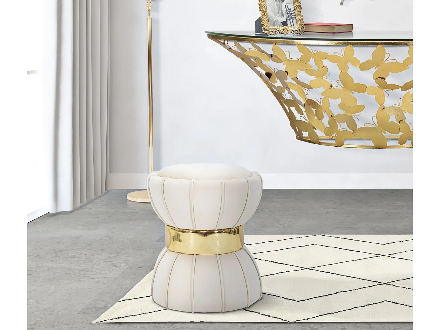 Pouf Design en Velours "Flower" 44cm Crème & Or