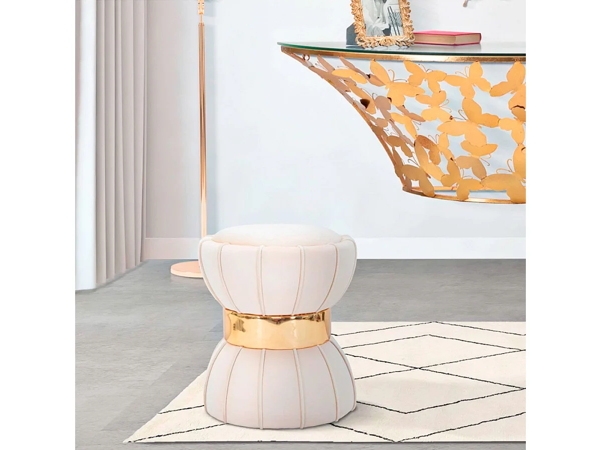 Pouf Design en Velours "Flower" 44cm Crème & Or
