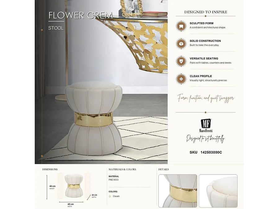 Pouf Design en Velours "Flower" 44cm Crème & Or