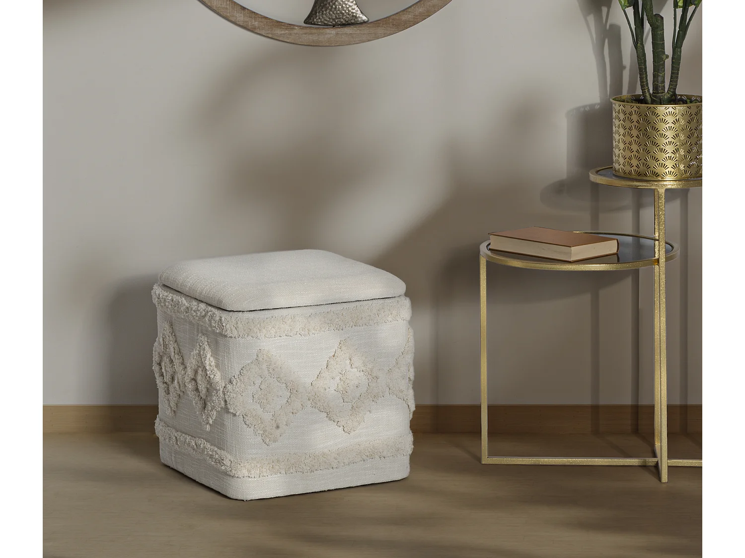 Pouf Avec Rangement Effet Tufté "Damasco" 40cm Beige