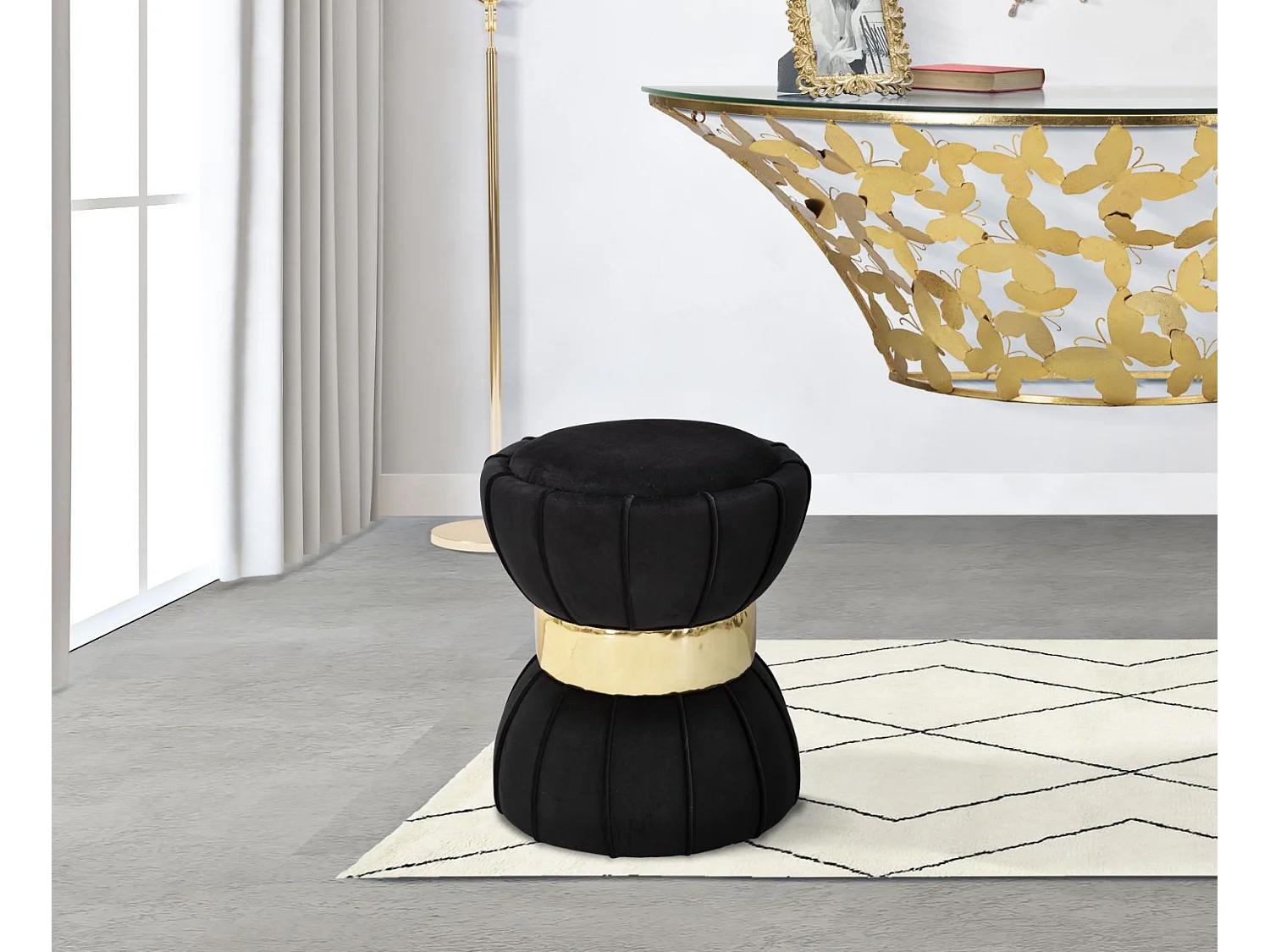 Pouf Design en Velours "Flower" 44cm Noir & Or