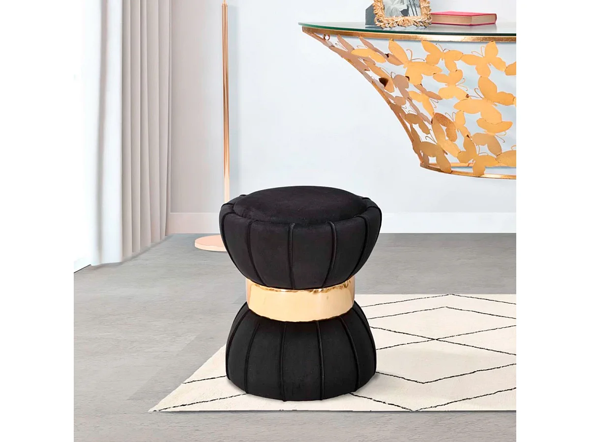 Pouf Design en Velours "Flower" 44cm Noir & Or