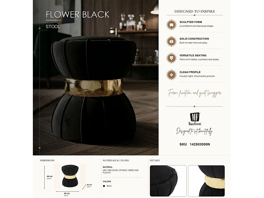 Pouf Design en Velours "Flower" 44cm Noir & Or