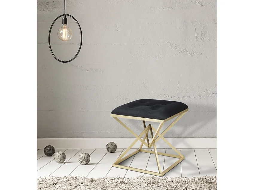 Sgabello dorato in metallo e seduta in velluto nero cm 45x45x48