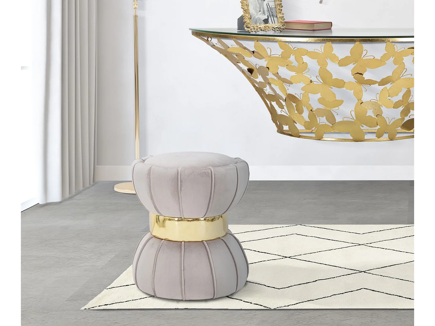 Pouf Design en Velours "Flower" 44cm Gris & Or