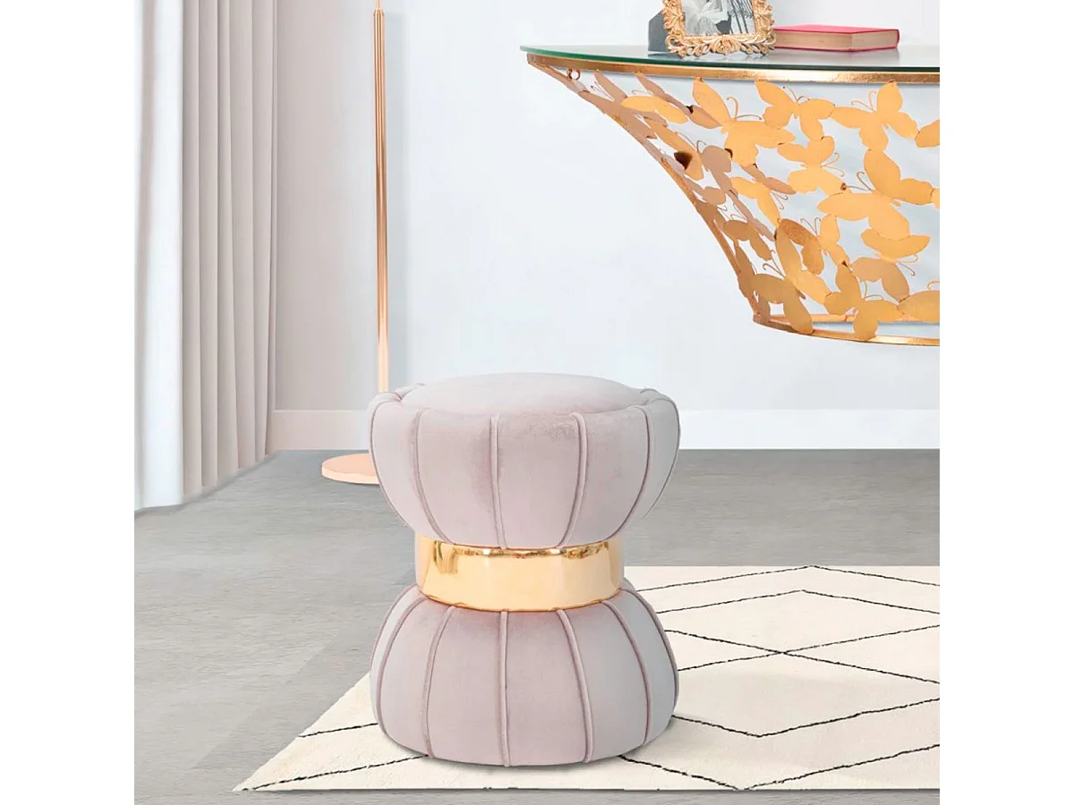 Pouf Design en Velours "Flower" 44cm Gris & Or