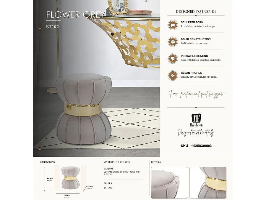 Pouf Design en Velours "Flower" 44cm Gris & Or