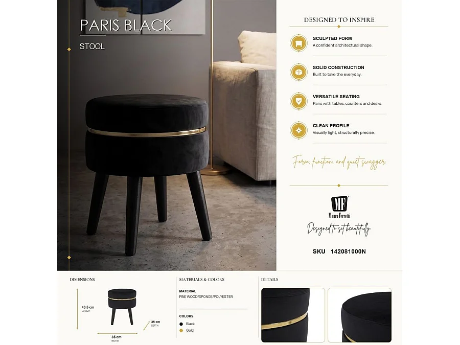 Tabouret Design en Velours "Paris" 40cm Noir