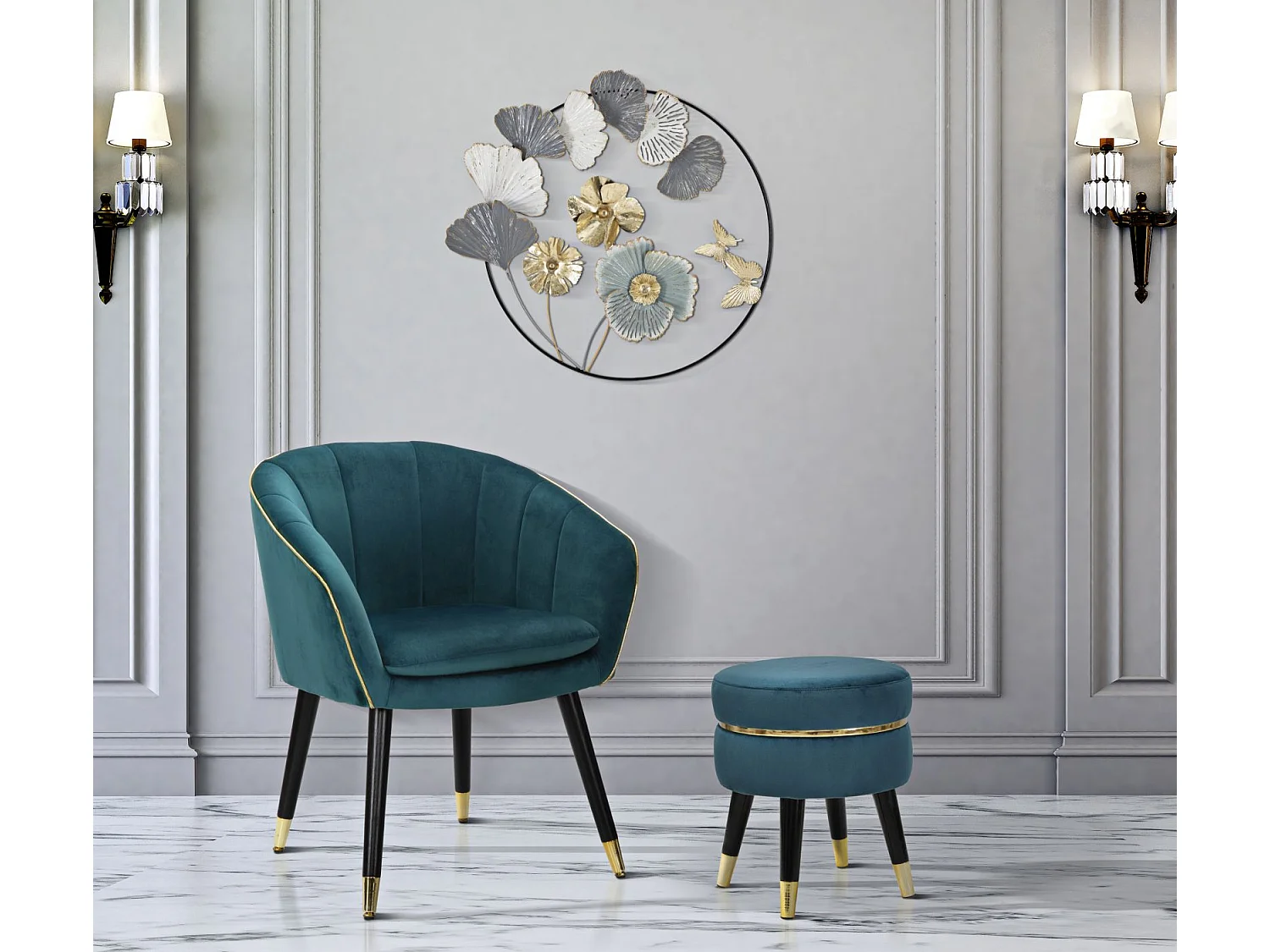 Tabouret Design "Paris" 40cm Bleu & Or
