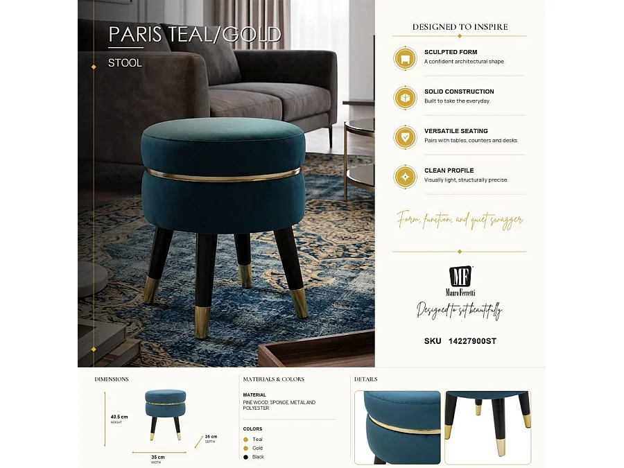 Tabouret Design "Paris" 40cm Bleu & Or