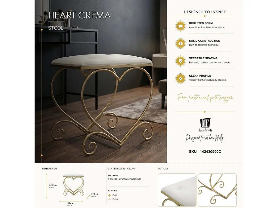 Tabouret Design "Heart" 51cm Crème & Or