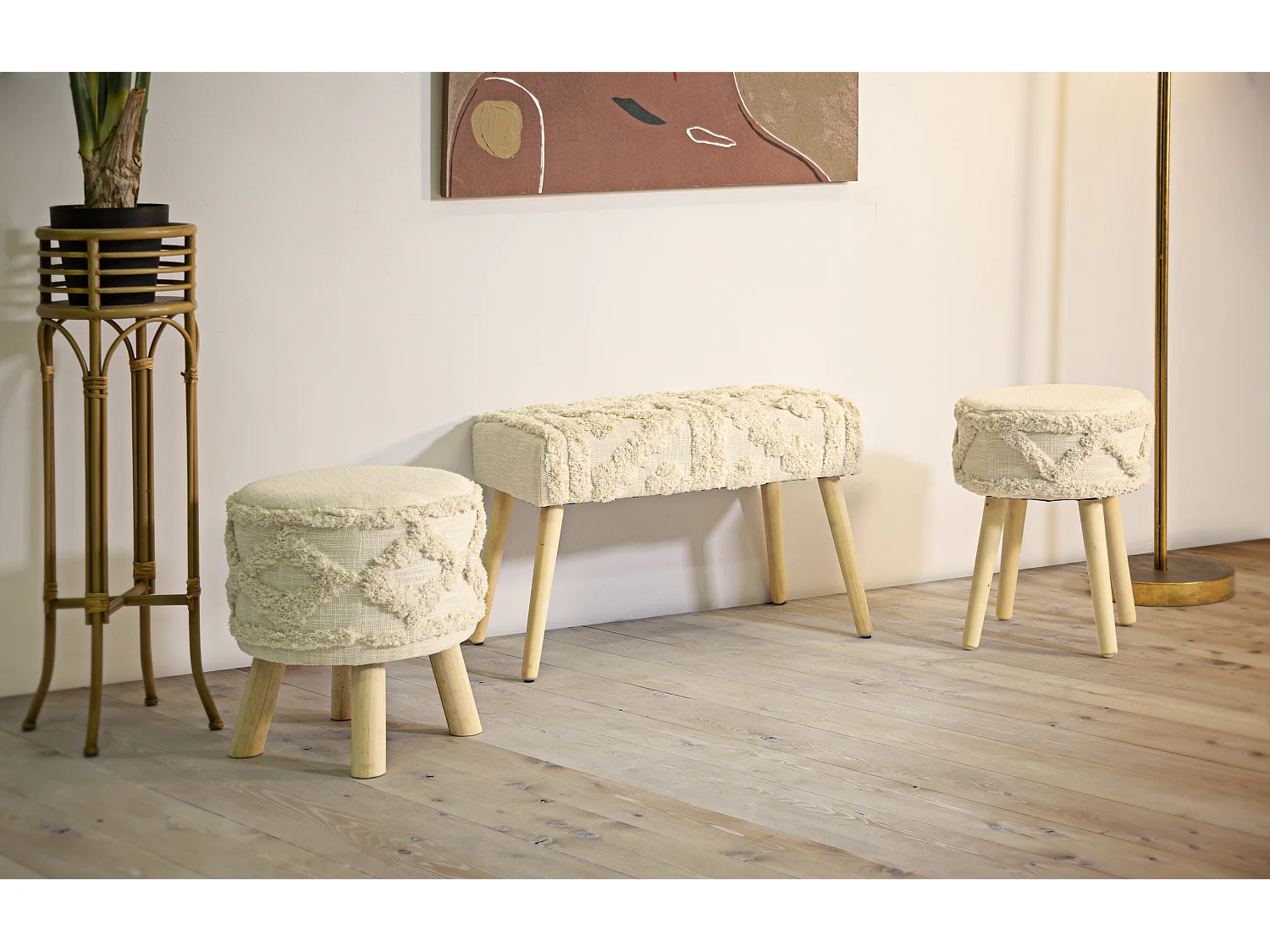 Tabouret Effet Tufté "Damasco" 41cm Beige