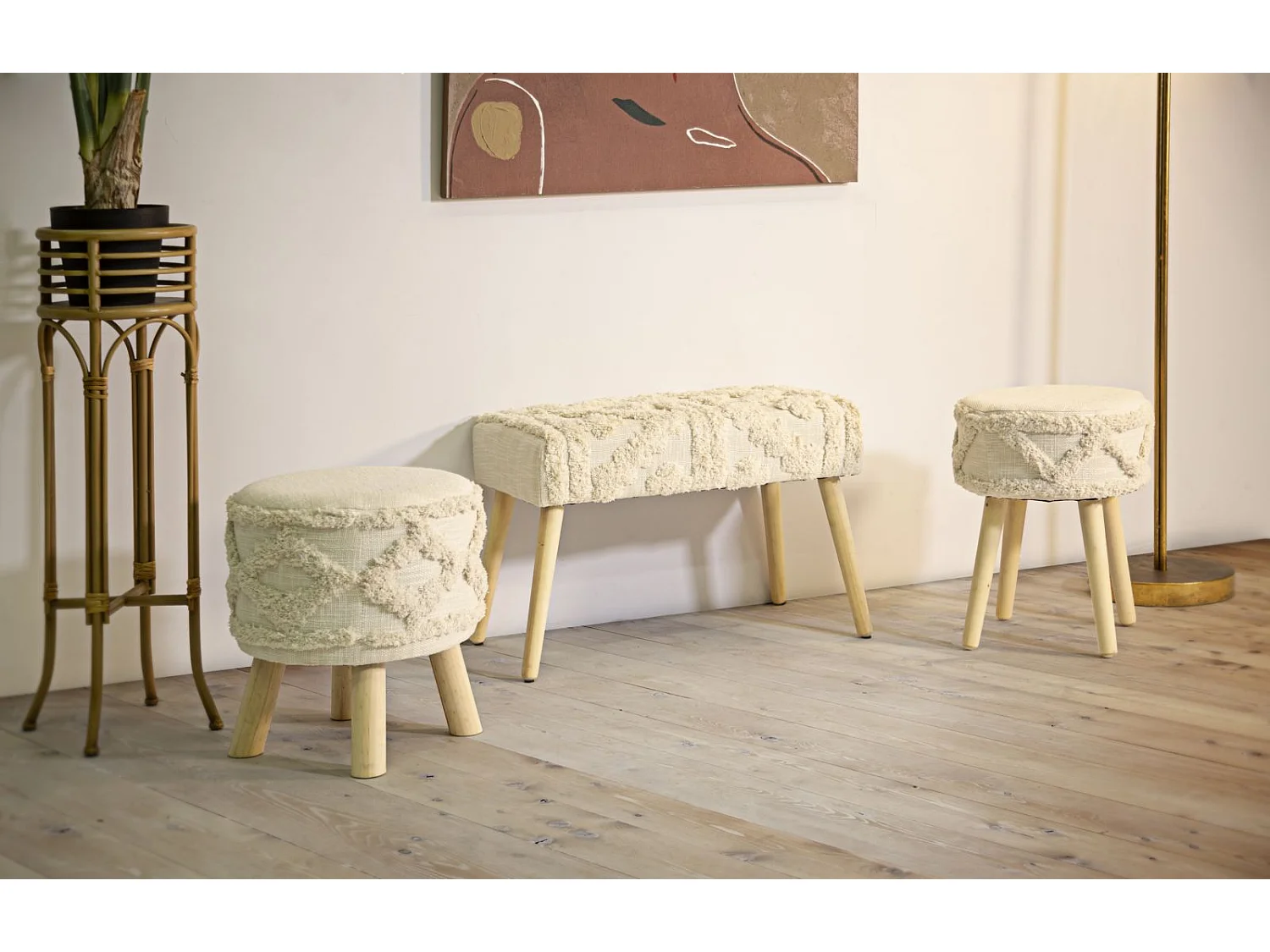 Ronde kruk in beige stof Ø cm 32x41