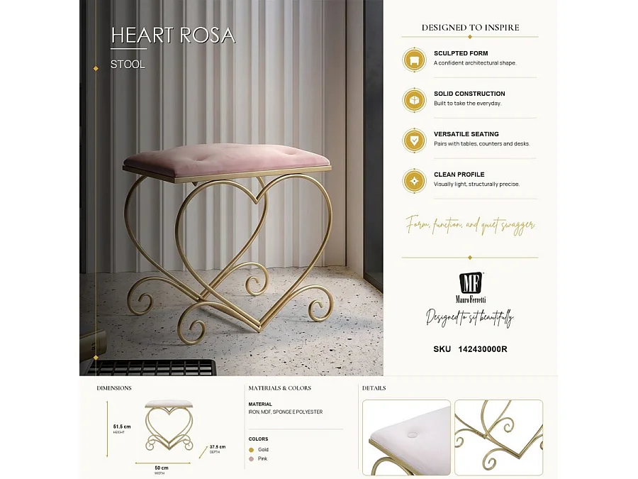 Tabouret Design "Heart" 51cm Rose & Or