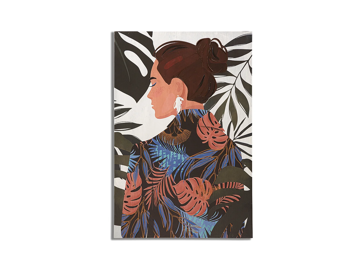 Tableau Toile sur Bois - Femme Jungle aux Tons Chauds et Vifs - 80x2,8x120 cm - Décoration Murale Moderne