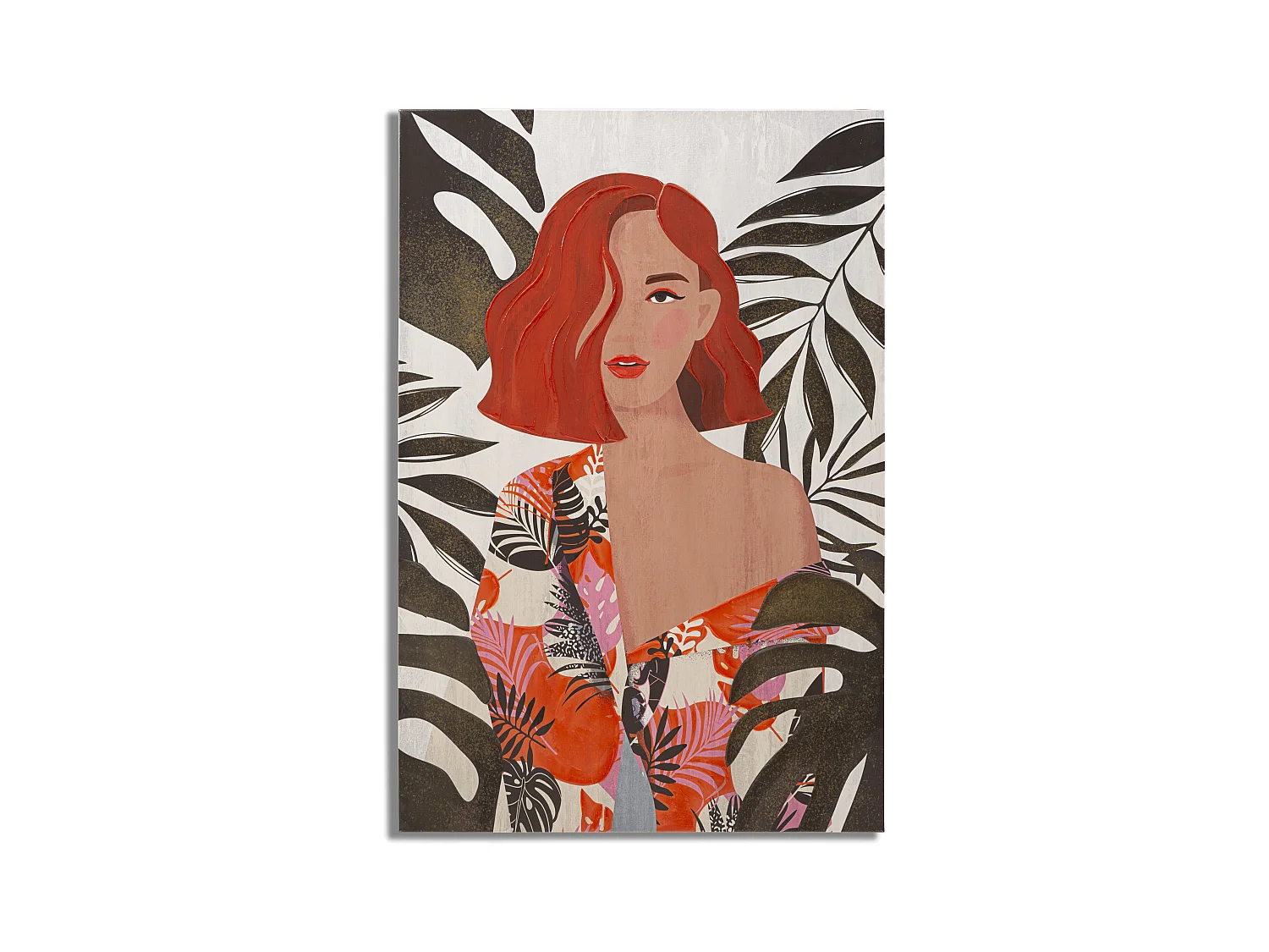 Tableau multicolore femme avec feuilles 80x2,8x120 cm