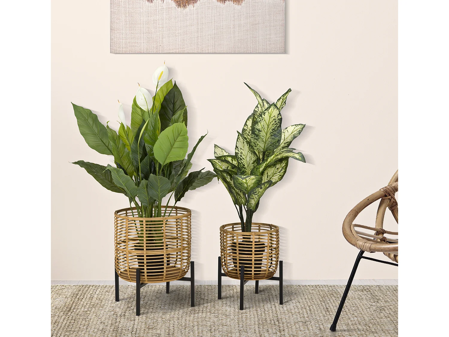 Set di 2 portavasi in rattan e metallo marroni e neri Ø cm 41x47-33x39