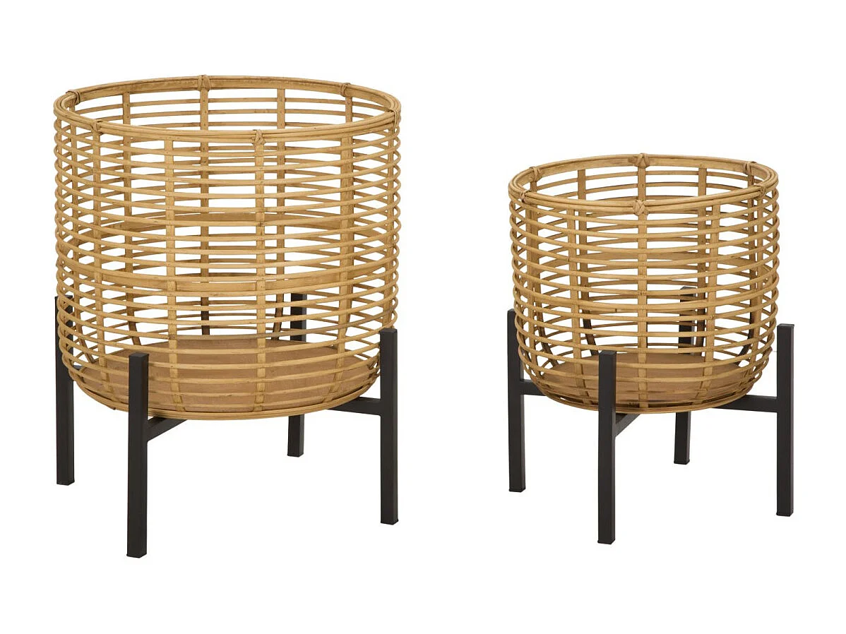 Set de 2 portamacetas redondos de ratán con soporte de metal negro Zeyok