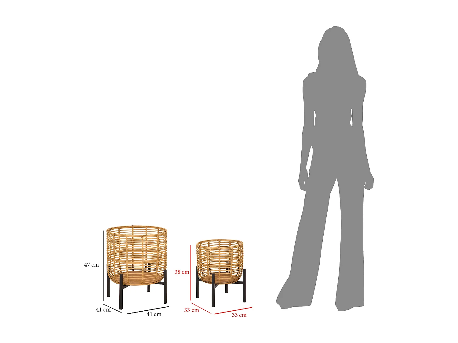 Set de 2 portamacetas redondos de ratán con soporte de metal negro Zeyok