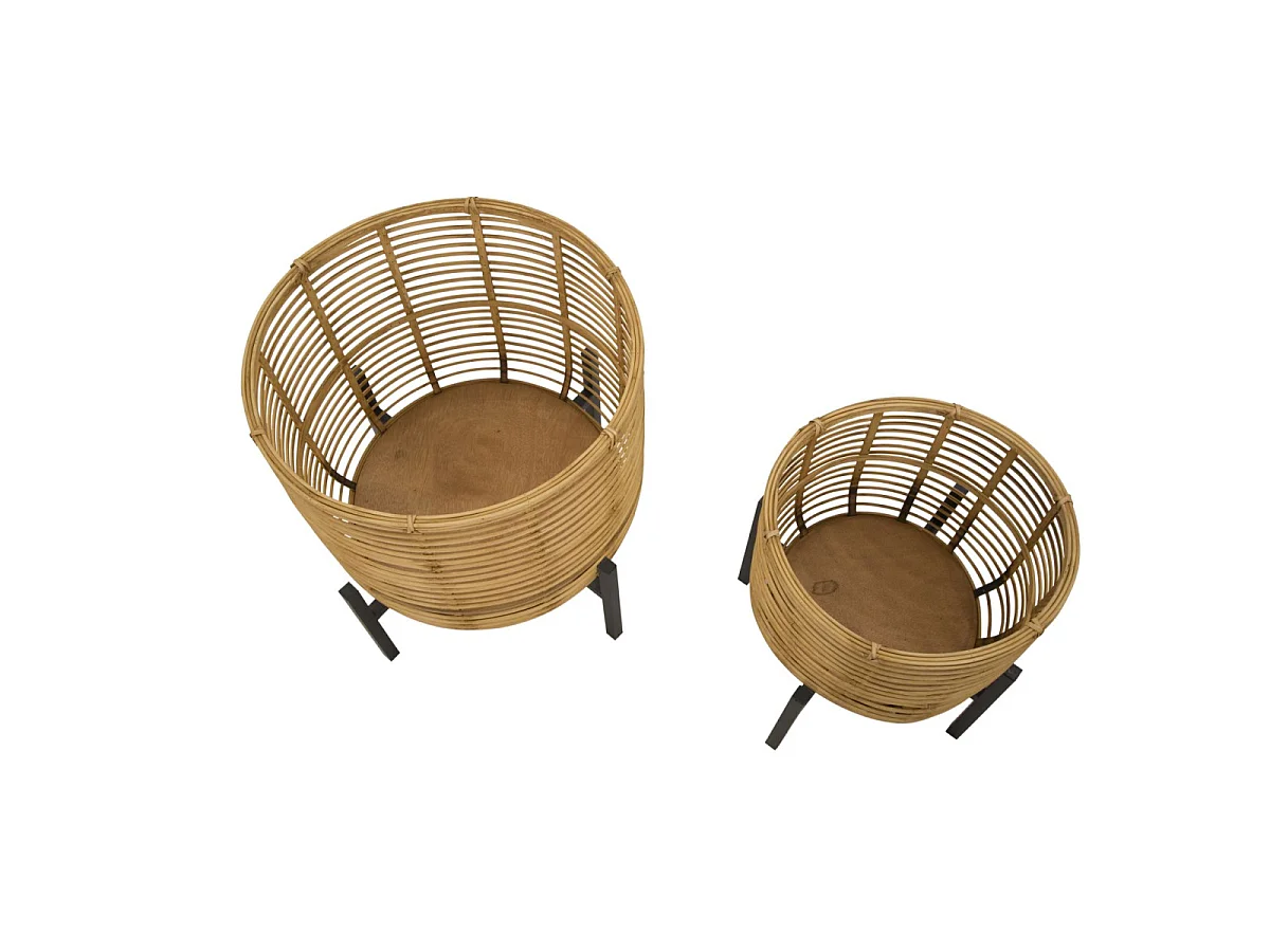 Set aus 2 runden Rattan-Blumentöpfen mit schwarzem Metallständer Zeyok