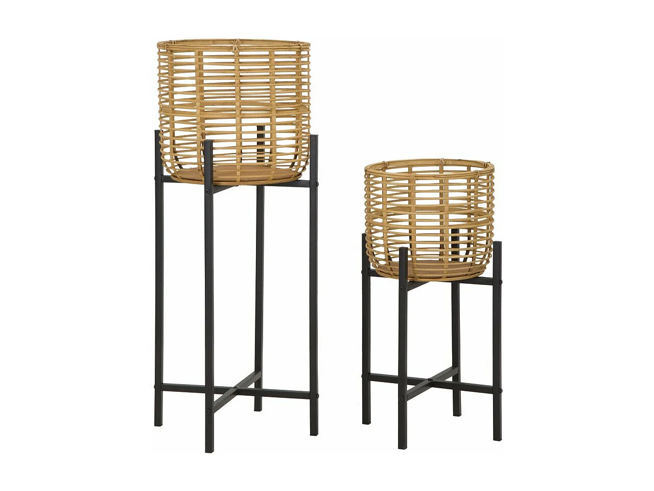 Set di 2 portavasi in rattan e metallo marroni e neri Ø cm 38x90-33x60