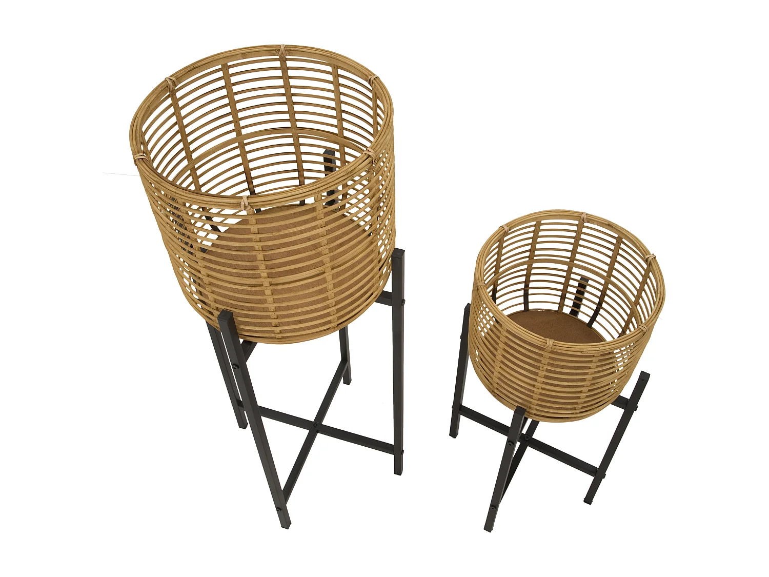 Set di 2 portavasi in rattan e metallo marroni e neri Ø cm 38x90-33x60