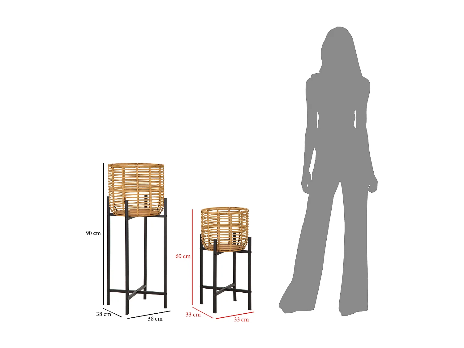 Set di 2 portavasi in rattan e metallo marroni e neri Ø cm 38x90-33x60