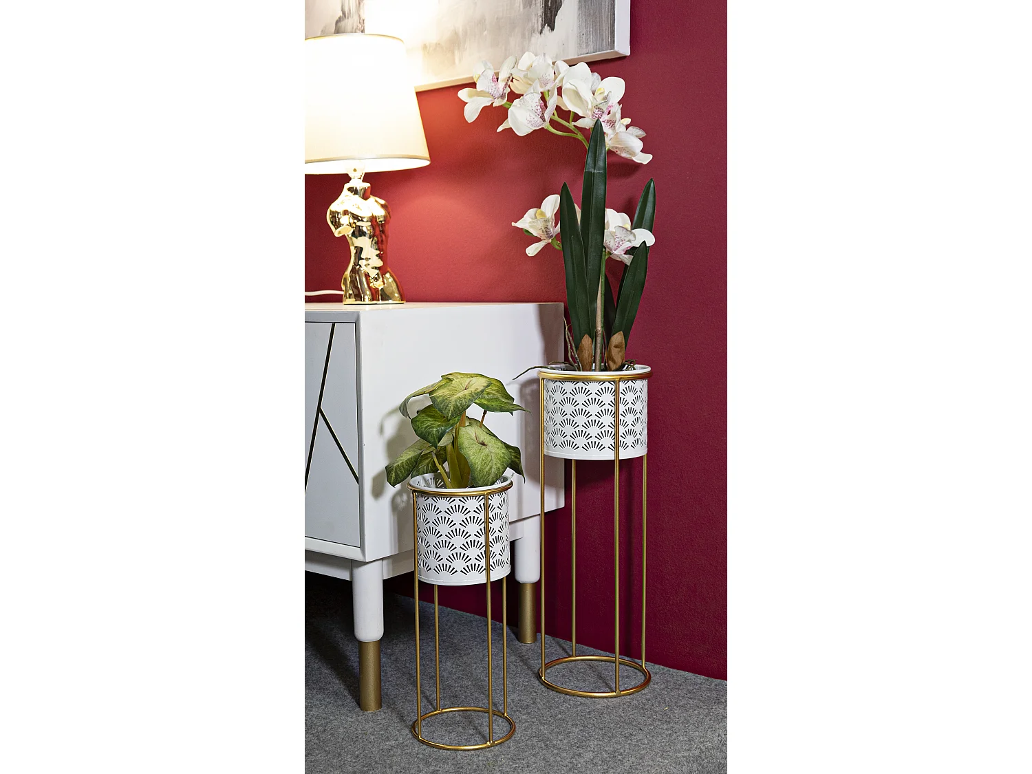 Lot de 2 Cache-Pots Design "Whity" 46cm Blanc & Or