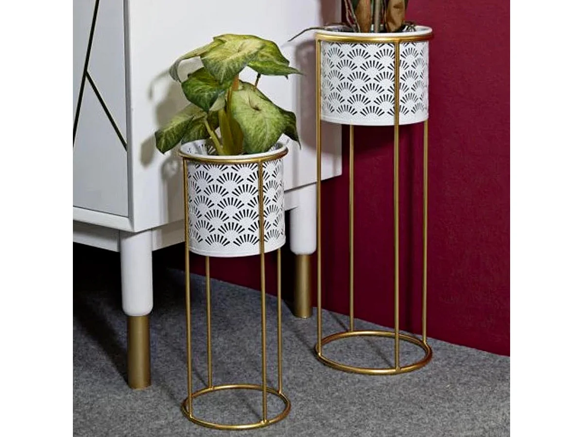 Lot de 2 Cache-Pots Design "Whity" 46cm Blanc & Or