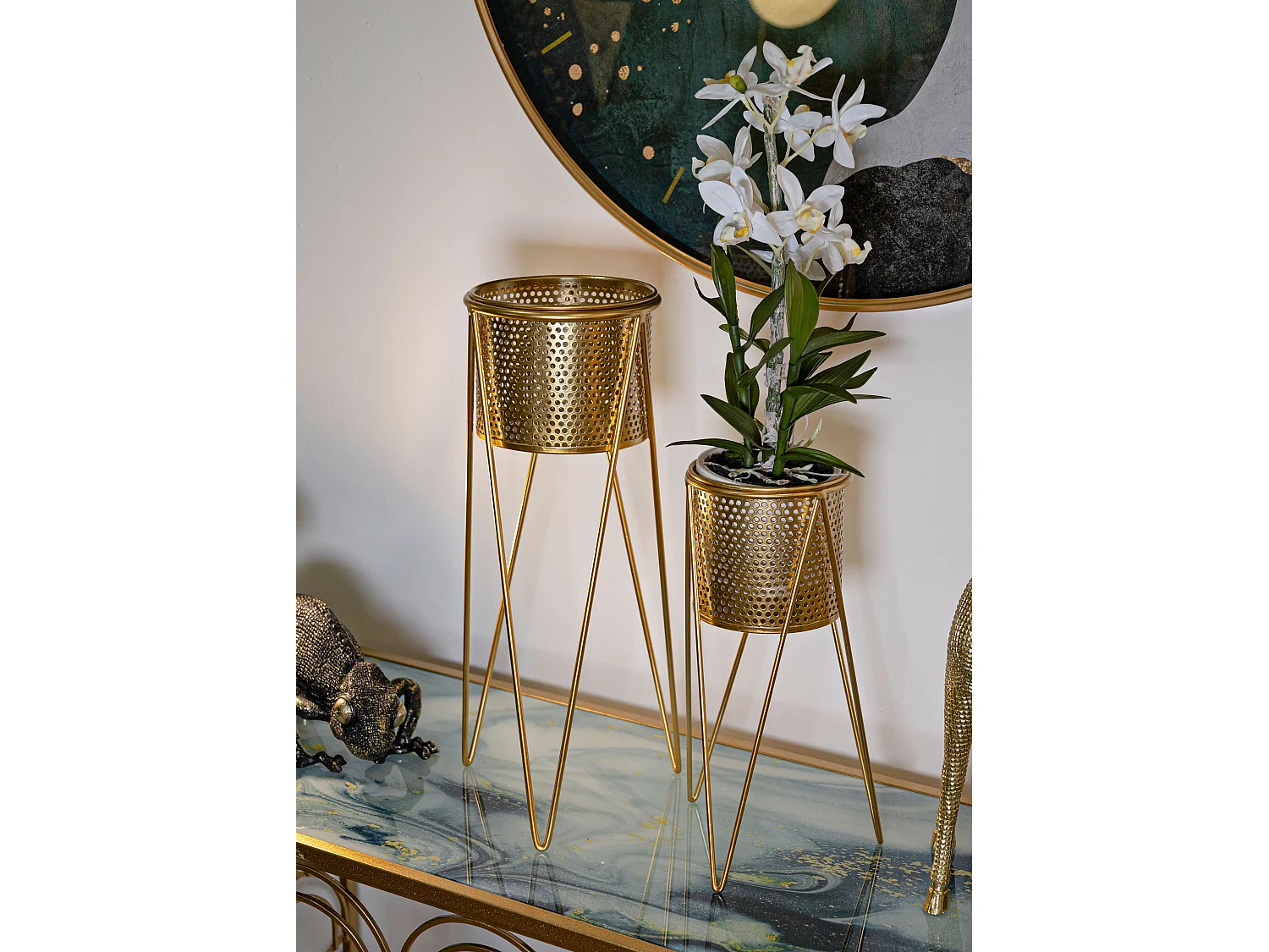 Lot de 2 Cache-Pots sur Pieds "Iva" 46cm Or