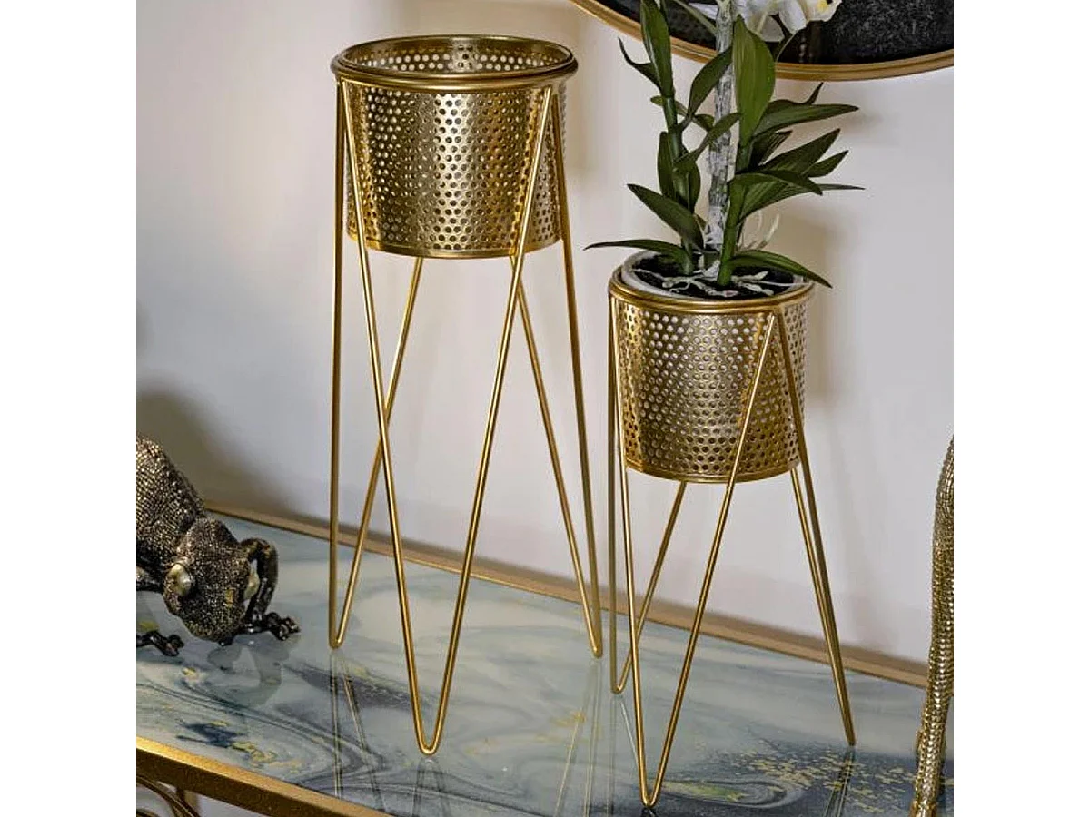2er-Set Übertöpfe aus Metall goldfarben 21x20x46-18x18x32 cm