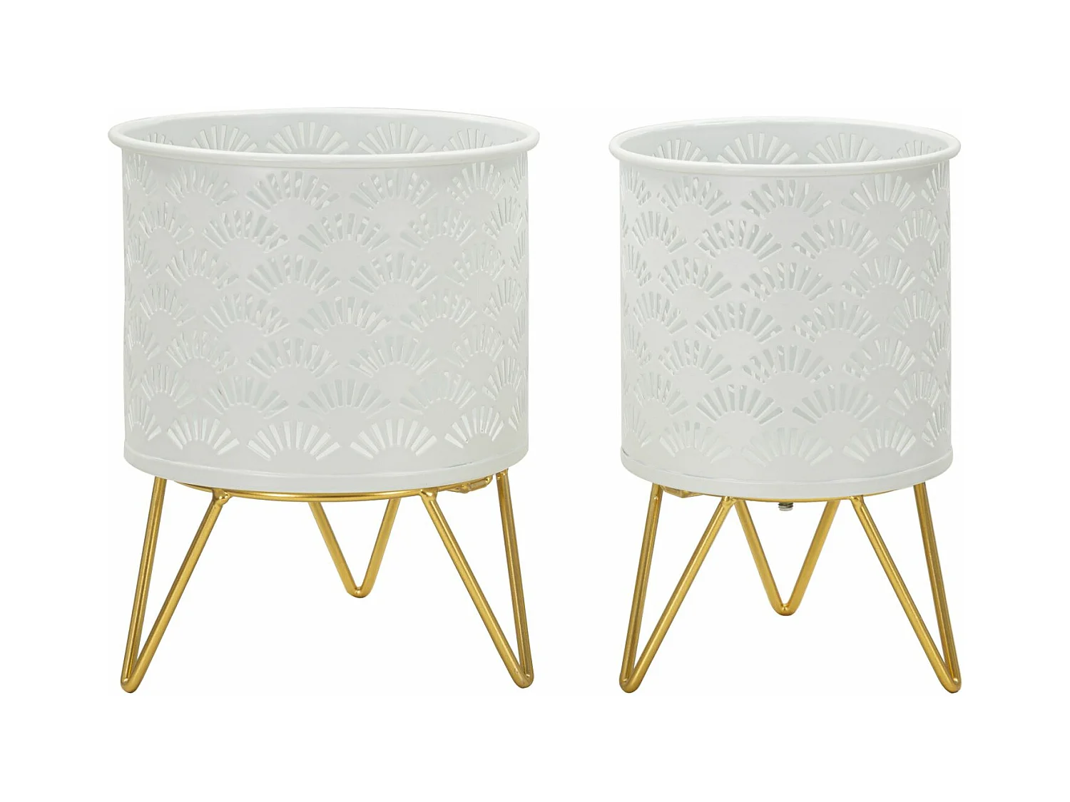 Porte-vases Carly - Lot de 2 pièces en métal blanc et doré - Ø 16x20 cm et 13x20 cm - Décoration géométrique régulière - Supports amovibles