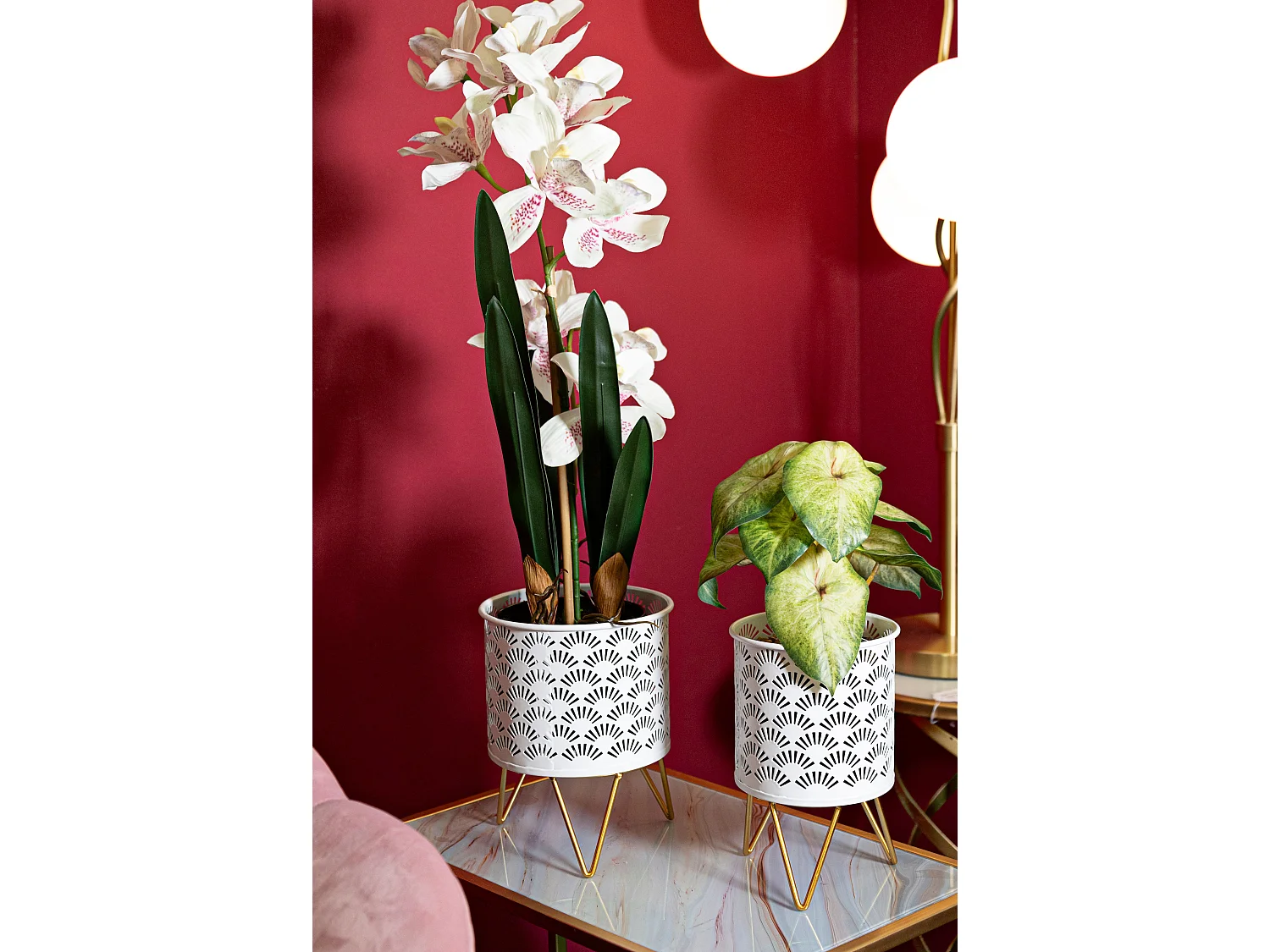 Lot de 2 Cache-Pots Design "Carly" 20cm Blanc & Or