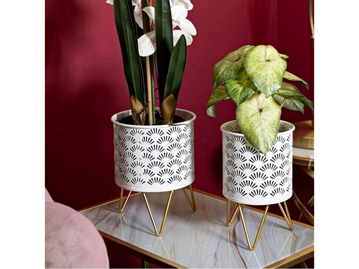 Lot de 2 Cache-Pots Design "Carly" 20cm Blanc & Or