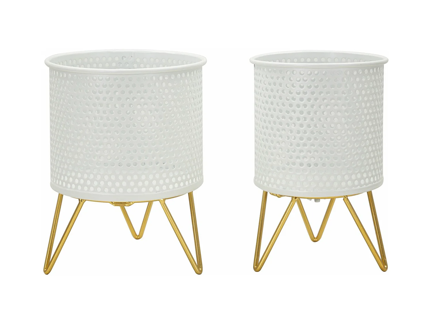 Porte-vases Gaspy - Lot de 2 pièces en métal blanc et doré - Ø 16x20 cm et 13x20 cm - Décoration avec motifs ronds - Supports amovibles